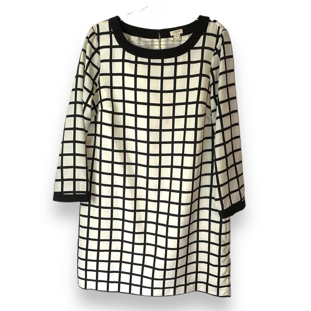 J Crew Dress Mod Black White Cream Longsleeve Geometric Grid Print Midi Size 10